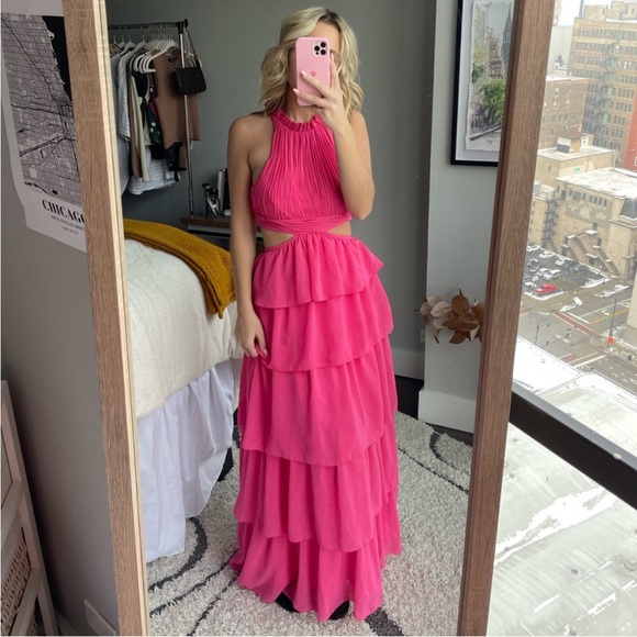 MAC DUGGAL NWT Hot Pink TIERED RUFFLE PLEATED HIGH NECK BALL GOWN!! - Picture 5 of 8